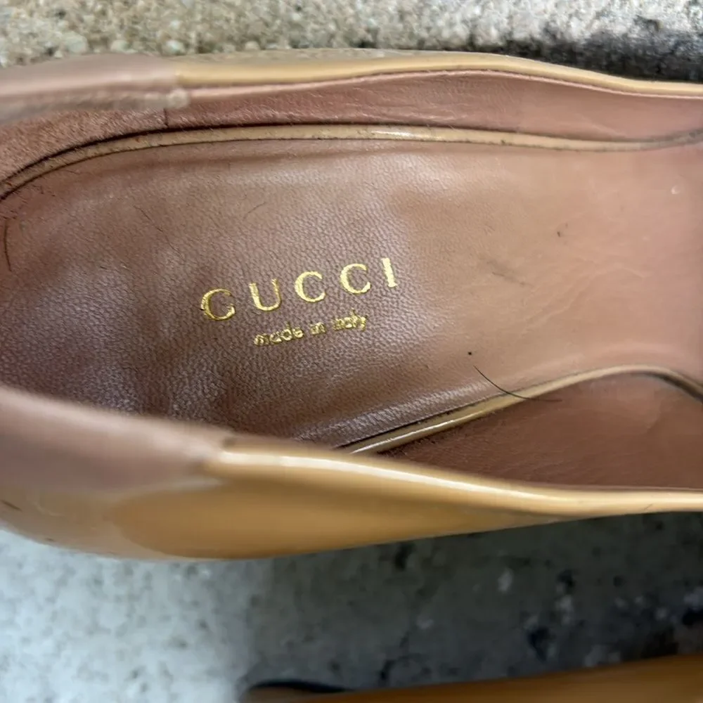 Gucci, patent leather wedge peep toe